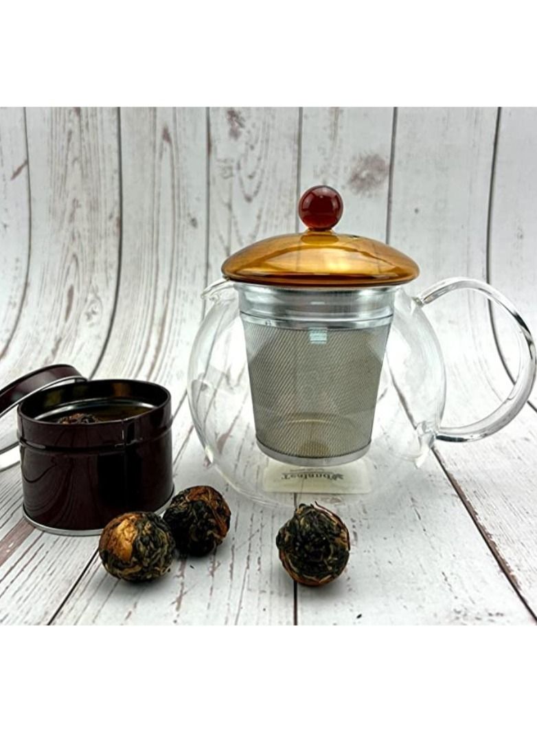 Borosilicate Heat Resistant Glass Teapot Round with Brown Lid and Removable Stainless Steel Infuser for Loose Tea and Tea Maker (0.75L)