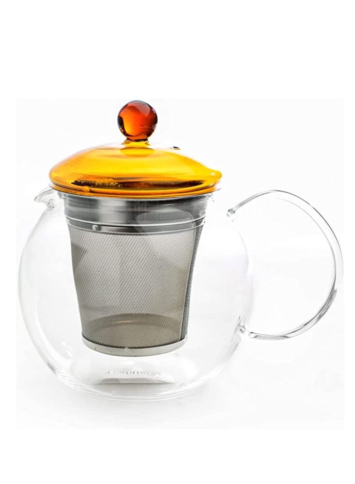 Borosilicate Heat Resistant Glass Teapot Round with Brown Lid and Removable Stainless Steel Infuser for Loose Tea and Tea Maker (0.75L)