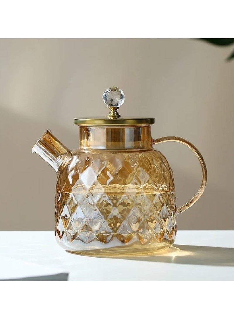 Heat Resistant Borosilicate Diamond Pattern Glass Teapot With Stainless Steel Strainer Lid And Infuser, 1200 ML