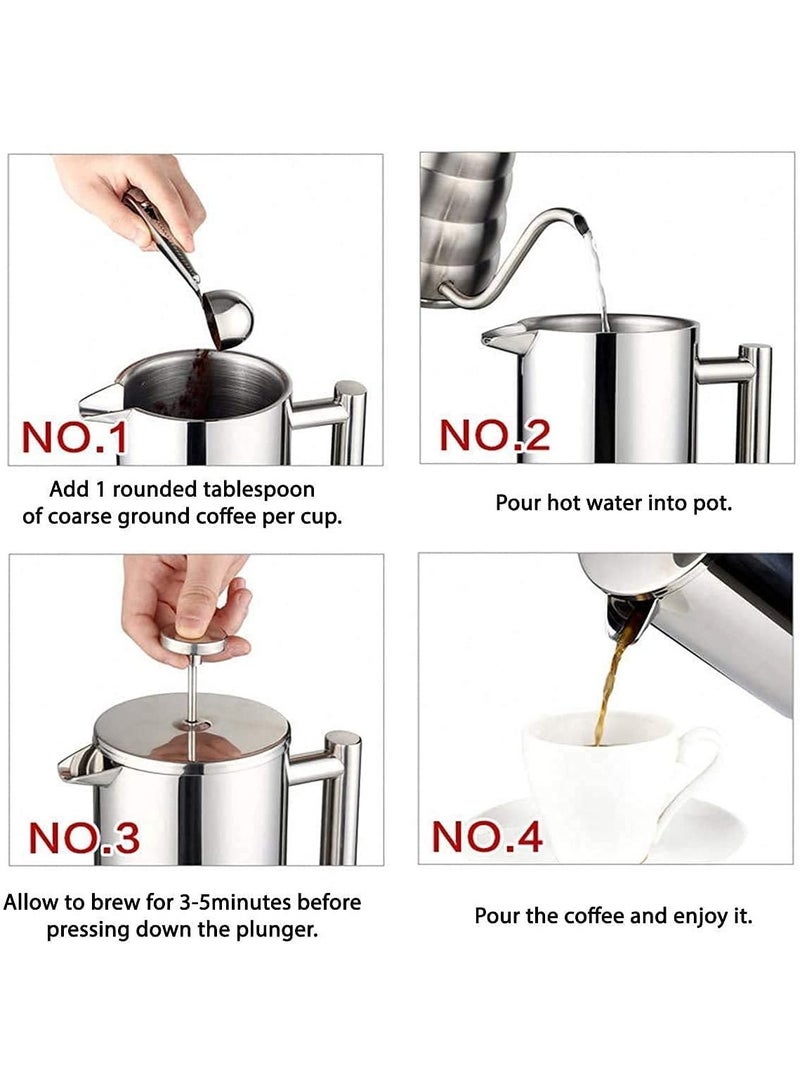 French Press Coffee Maker 350ML Espresso Coffee Maker Pot Practical Stainless Steel Cafetiere Double Wall Insulated Tea Coffee Maker with Filter for Home