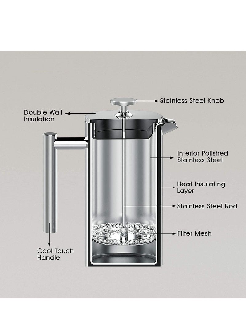 French Press Coffee Maker 350ML Espresso Coffee Maker Pot Practical Stainless Steel Cafetiere Double Wall Insulated Tea Coffee Maker with Filter for Home