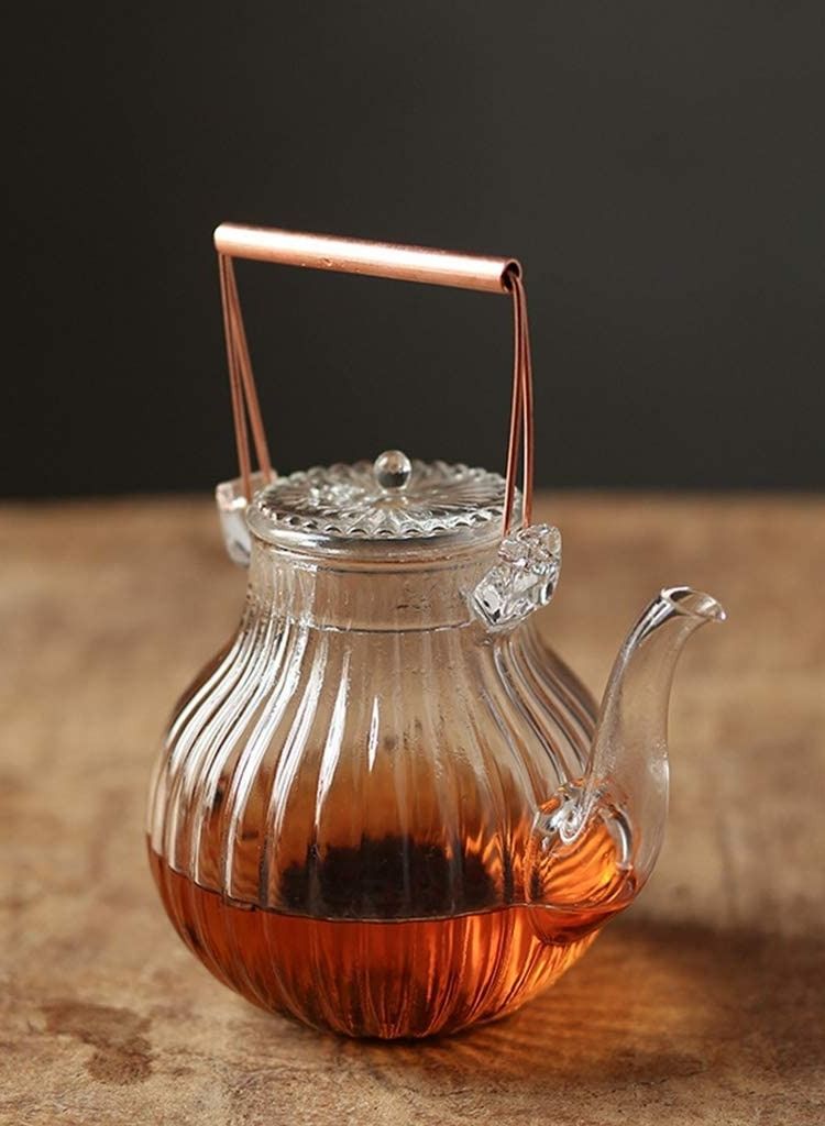 Borosilicate Ridged Glass Teapot With Copper Handle 600 ML