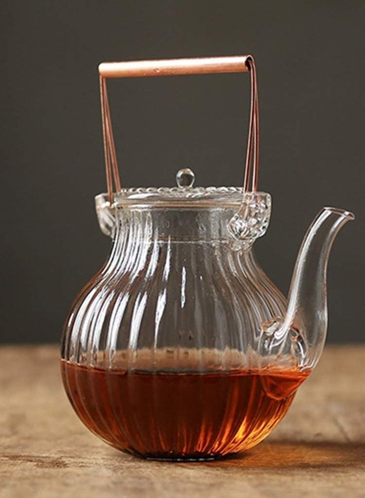 Borosilicate Ridged Glass Teapot With Copper Handle 600 ML