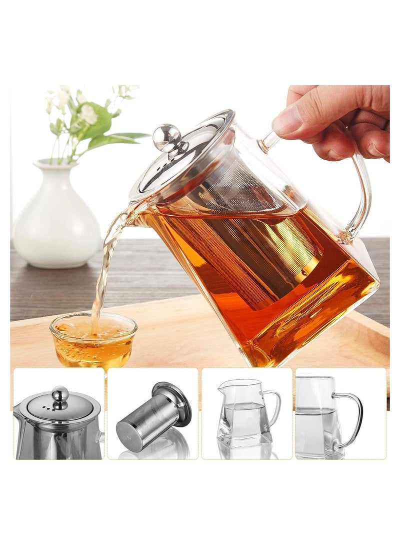 Square Borosilicate Glass Teapot for Loose Tea - Clear Leaf Tea pot with Strainer and Lid