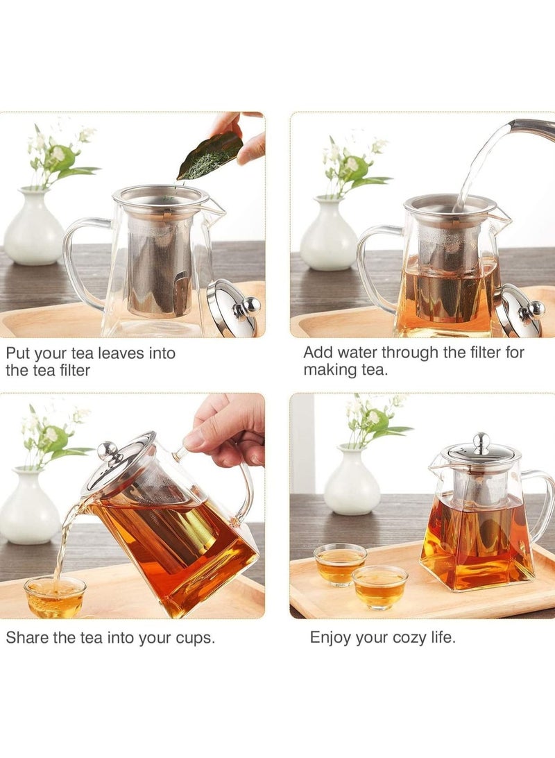 Square Borosilicate Glass Teapot for Loose Tea - Clear Leaf Tea pot with Strainer and Lid