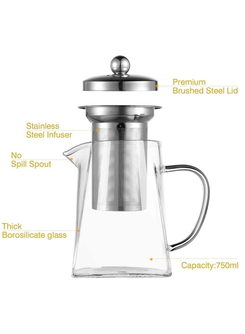 Square Borosilicate Glass Teapot for Loose Tea - Clear Leaf Tea pot with Strainer and Lid