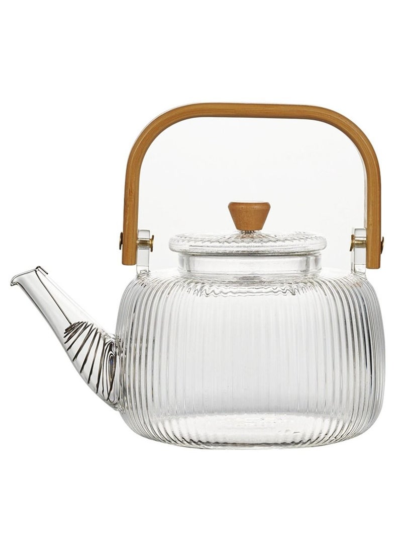 Borosilicate Stripe Glass Teapot With Bamboo Handle for Loose Leaf Tea, Blooming Tea, Flower Tea 1000 ML