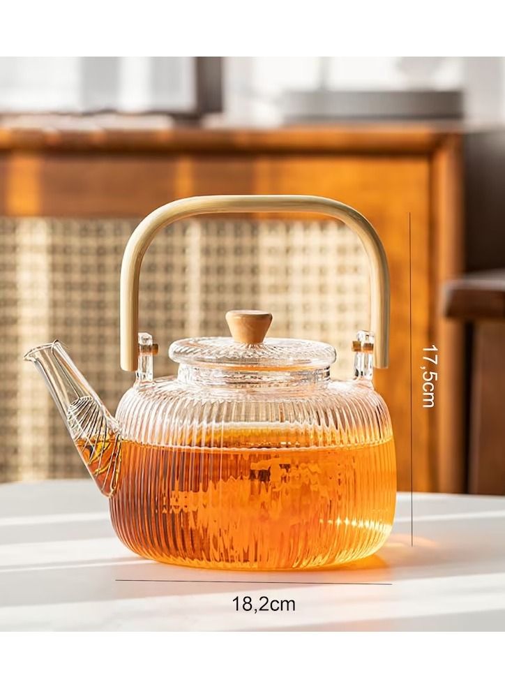 Borosilicate Stripe Glass Teapot With Bamboo Handle for Loose Leaf Tea, Blooming Tea, Flower Tea 1000 ML