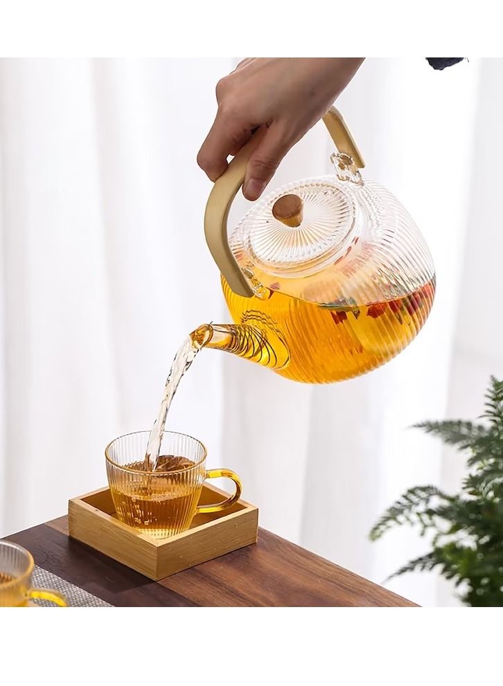 Borosilicate Stripe Glass Teapot With Bamboo Handle for Loose Leaf Tea, Blooming Tea, Flower Tea 1000 ML