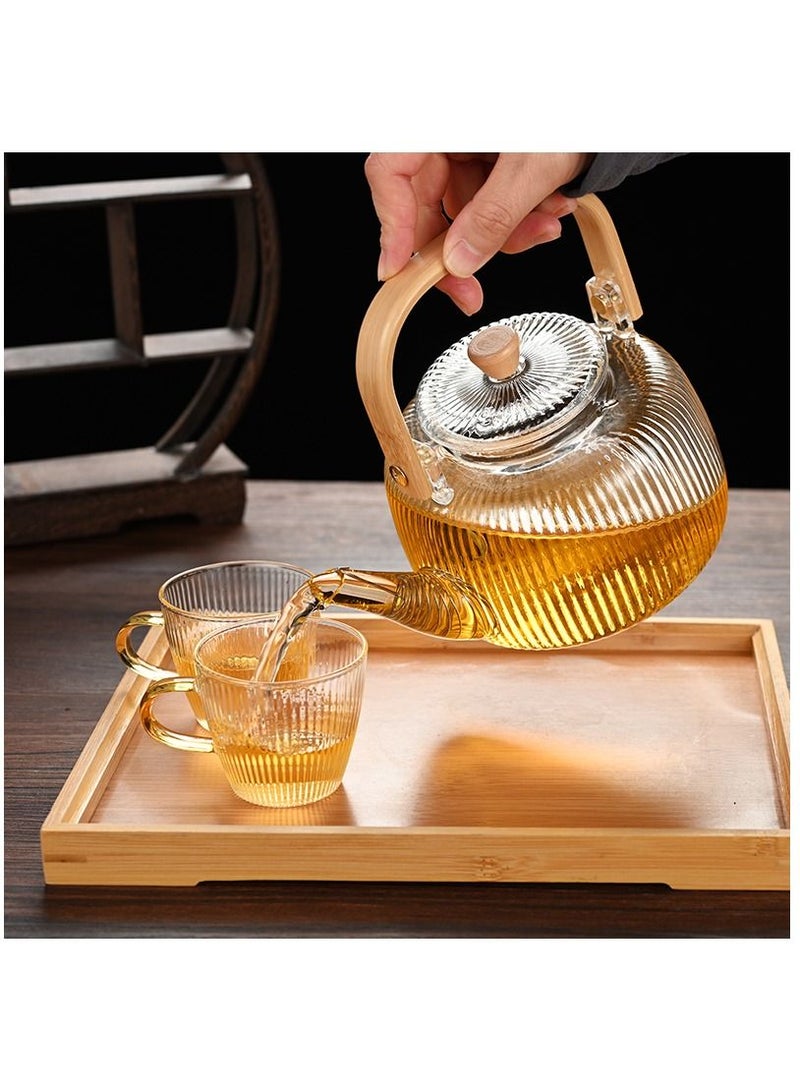 Borosilicate Stripe Glass Teapot With Bamboo Handle for Loose Leaf Tea, Blooming Tea, Flower Tea 1000 ML