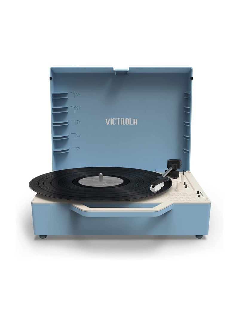Victrola Re-Spin Sustainable Suitcase Record Player with Built in Bluetooth Speakers 3 Speed Belt Driven Turntable Built-in Bass Radiator 3.5mm Headphone Jack Light Blue
