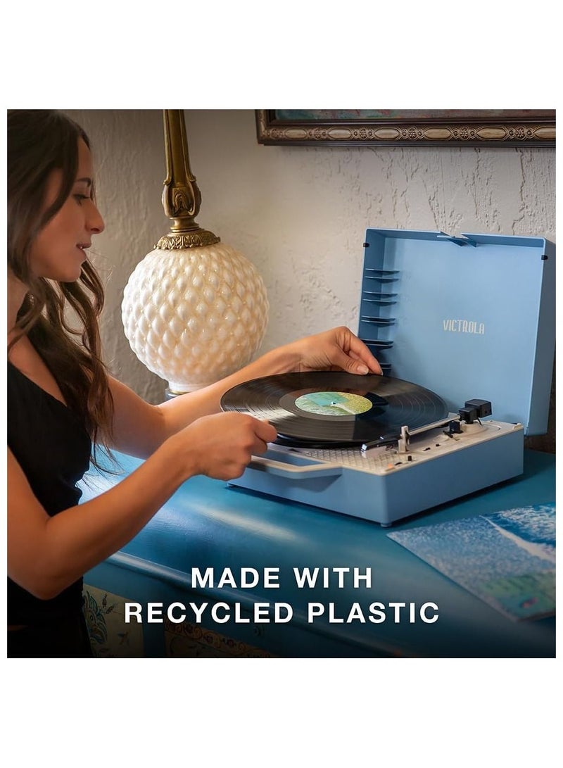 Victrola Re-Spin Sustainable Suitcase Record Player with Built in Bluetooth Speakers 3 Speed Belt Driven Turntable Built-in Bass Radiator 3.5mm Headphone Jack Light Blue