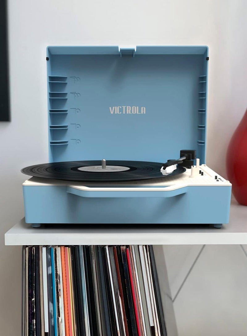 Victrola Re-Spin Sustainable Suitcase Record Player with Built in Bluetooth Speakers 3 Speed Belt Driven Turntable Built-in Bass Radiator 3.5mm Headphone Jack Light Blue