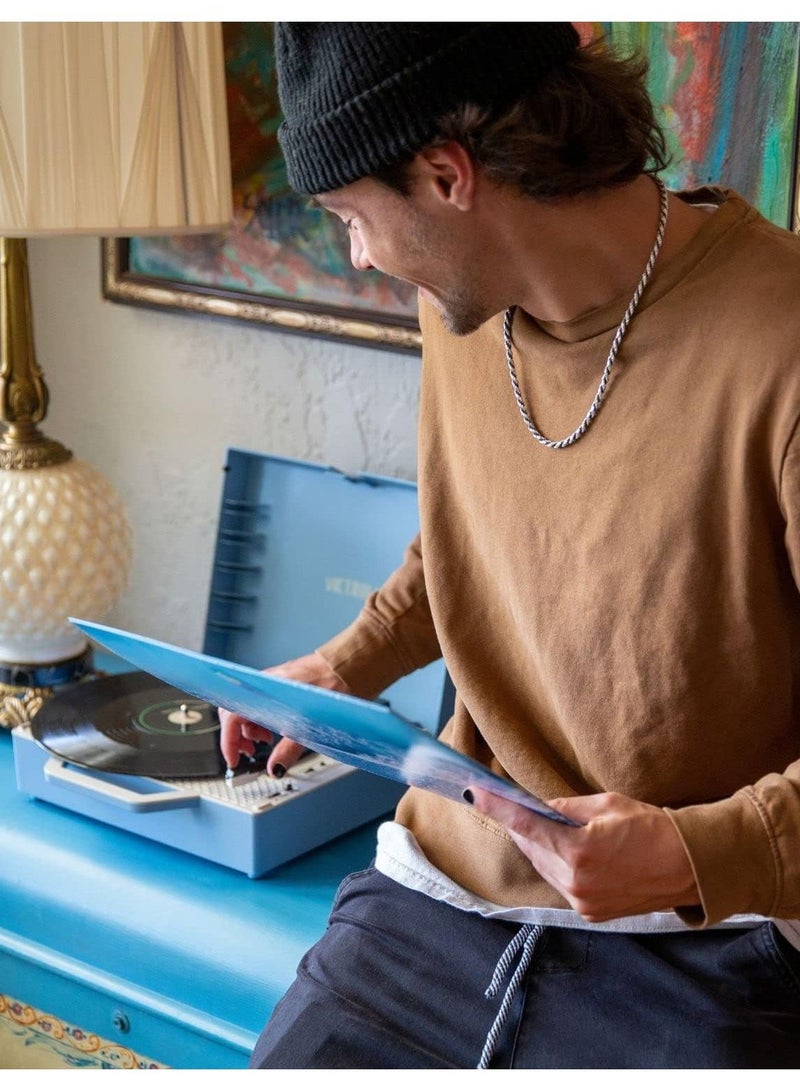 Victrola Re-Spin Sustainable Suitcase Record Player with Built in Bluetooth Speakers 3 Speed Belt Driven Turntable Built-in Bass Radiator 3.5mm Headphone Jack Light Blue