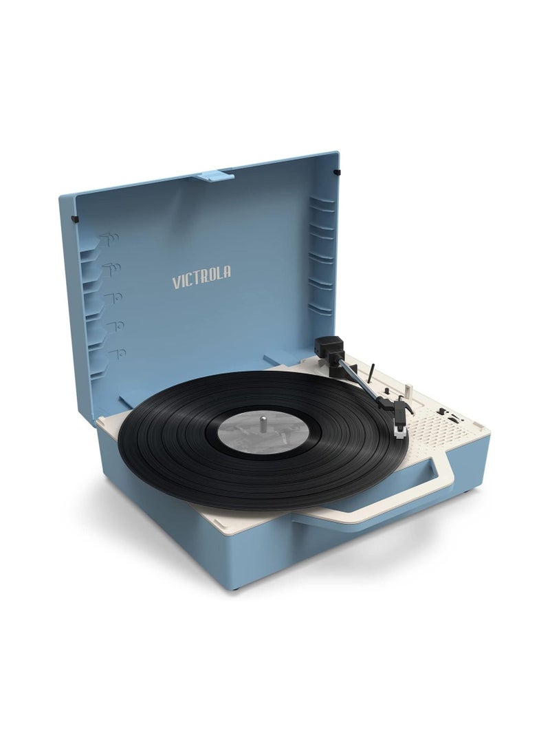 Victrola Re-Spin Sustainable Suitcase Record Player with Built in Bluetooth Speakers 3 Speed Belt Driven Turntable Built-in Bass Radiator 3.5mm Headphone Jack Light Blue