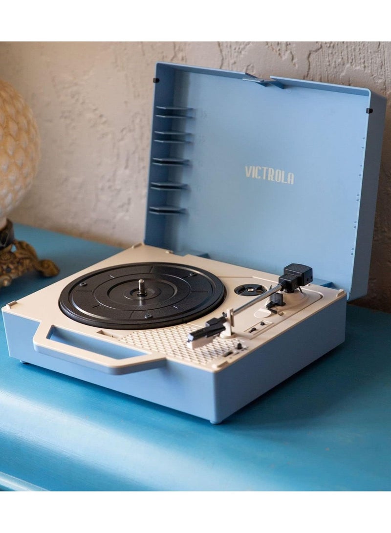 Victrola Re-Spin Sustainable Suitcase Record Player with Built in Bluetooth Speakers 3 Speed Belt Driven Turntable Built-in Bass Radiator 3.5mm Headphone Jack Light Blue