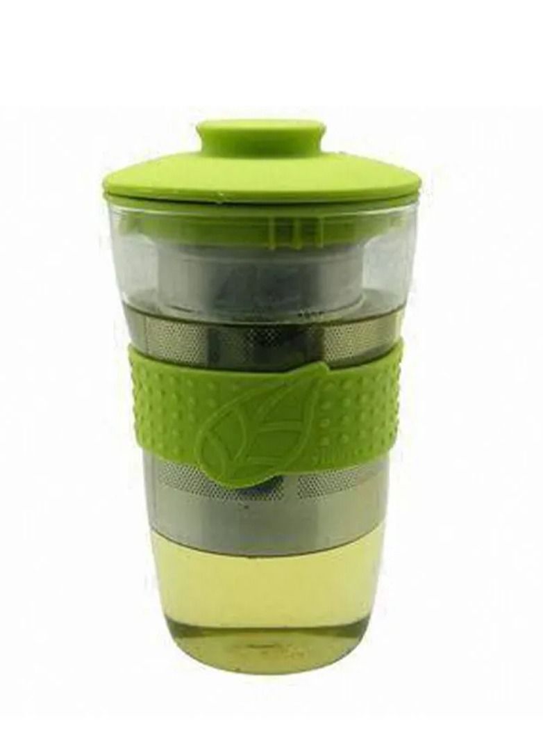 Insulated Tea and Coffee Mug Glass With Green Lid & Stainless Steel Filter (0.43L)