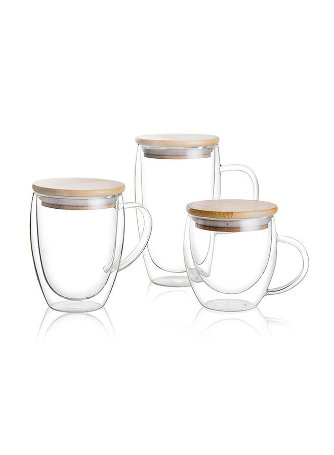 3-Piece Double Walled Coffee Cups With Handle Lid Set Includes 1xLarge 450ml, 1xMedium 350ml, 1xSmall 250ml Clear/Beige