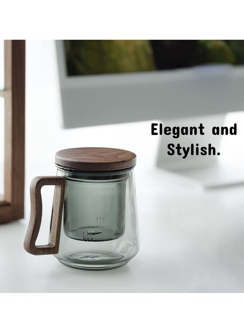 Borosilicate Glass Mug With Infuser, Walnut Lid and Handle 500 ML Smokey Grey