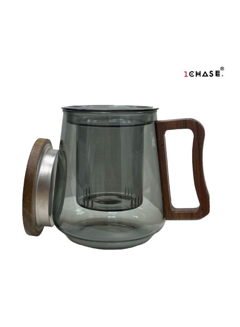 Borosilicate Glass Mug With Infuser, Walnut Lid and Handle 500 ML Smokey Grey