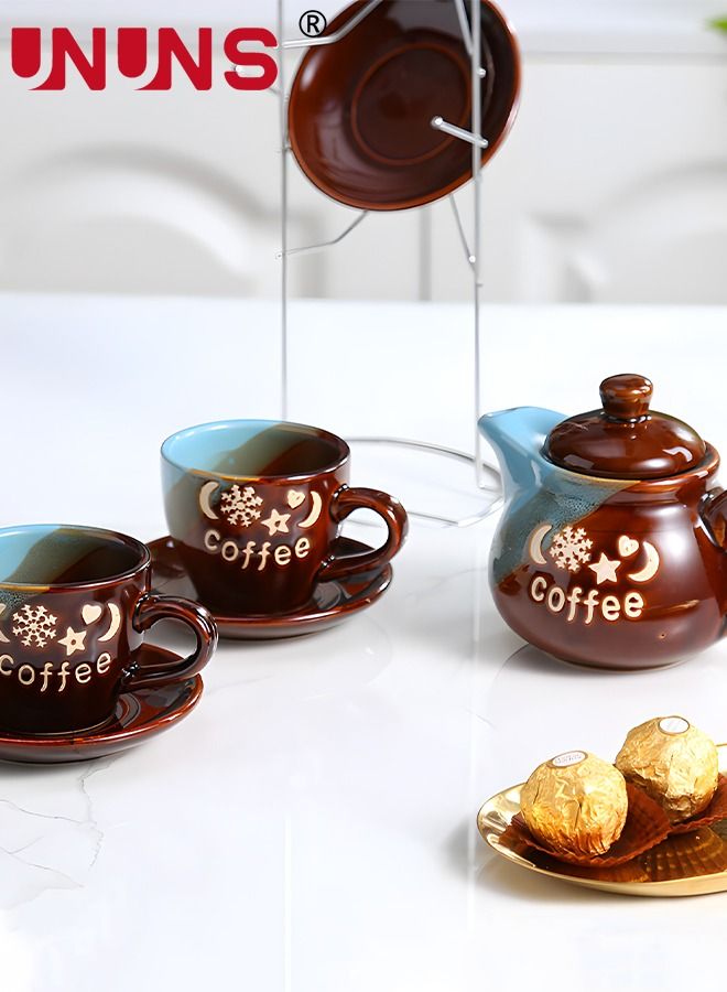 9-Piece Coffee Cup Set,Ceramic Espresso Mugs With 4 Saucers,4 Cups,1 Pot,1 Holder,Cappuccino Cups Set For Latte,Coffee,Cafe Mocha,Tea