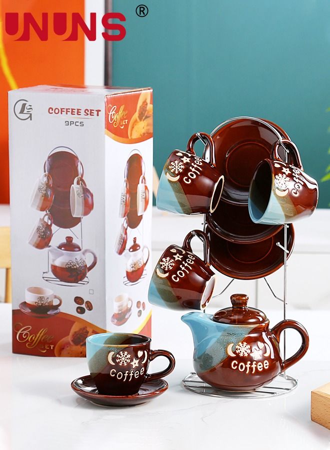 9-Piece Coffee Cup Set,Ceramic Espresso Mugs With 4 Saucers,4 Cups,1 Pot,1 Holder,Cappuccino Cups Set For Latte,Coffee,Cafe Mocha,Tea