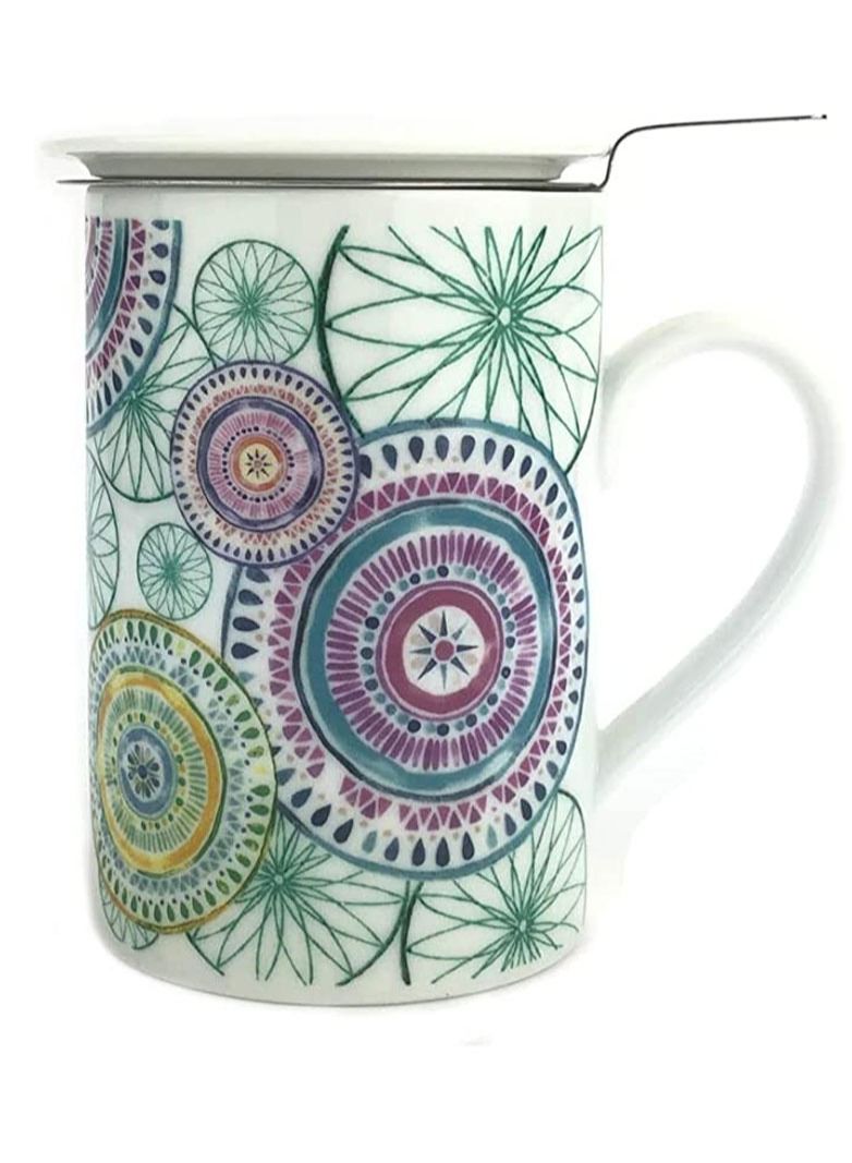 Microwave Safe Fine Porcelain Mandala Design Mug with Lid And infuser for Loose Leaf Tea (0.2L)  3pc