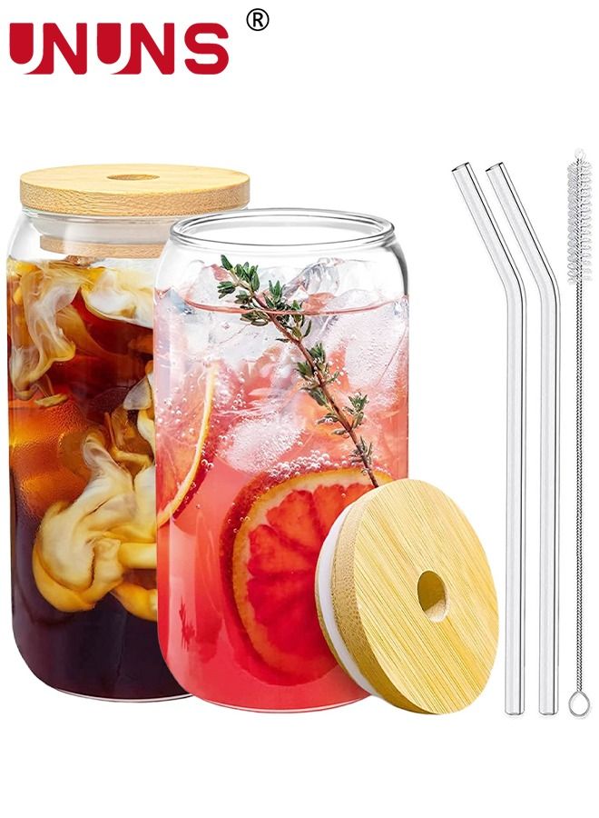 Can Tumbler Glasses,2PCS Drinking Glasses With Bamboo Lids And Glass Straw,16oz Coke Can-Shaped Tumbler Glass Cups With 1 Cleaning Brushe,For Tea,Soda,Iced Coffee