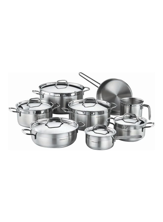 14-Piece Casting From High Quality Stainless Steel Fixed Non-Slip Handles Cookware Set Includes (12x22 cm) Casserole 4.0 liter, (13x26 cm) Casserole 6.8 liters, (15x30 cm) Casserole 11.0 liters, (8x26 cm) 4.2-liter Short Casserole, (24x6 cm) Frying Pan 2.7 liters , Milk Pan 2.0 liter (14x14 cm), Casserole With Handle 1.6 liter (16x8 cm), 6 Lids Silver