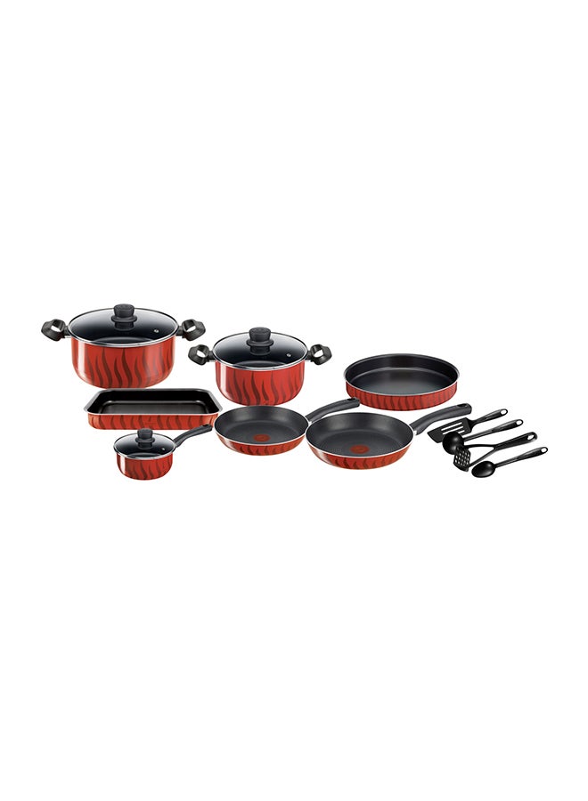 14-Piece Tefal G6 Tempo Flame Non-Stick Coating No Pfoa, No Lead, No Cadmium Heat Indicator Cookware Set Includes Frying Pan 24/ 28, Saucepan 16+ Glass Lid, Stewpots 24/ 28+ Glass Lids, Kebbe 28 Cm, Oven Dish, 29x22cm, 4 Accessories (Spoon, Ladle, Long Spatula, Potato Masher) Red