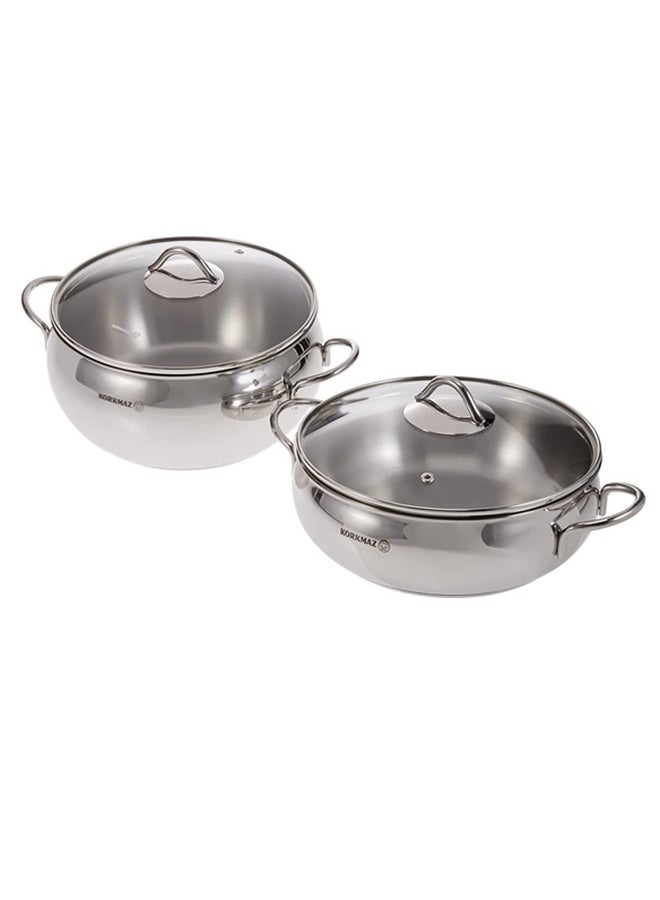 9-Piece Stainless Steel 3-Ply Base With Glass Lid Induction Compatible Base Cookware Set Includes Casserole 16x9, Casserole 20x10, Casserole 24x12, Low Casserole 24x8, Frypan 24x5 cm Silver/Clear