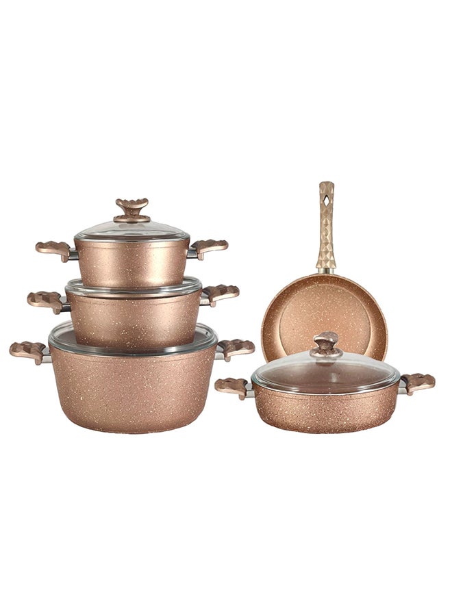 9-Pieces Galaxy Granitec Big Size Cookware Set Non-Stick Surface Bakelite Handles And Knobs -PFOA Free Includes 3xDeep Pot With Tempered Glass Lid 20cm + 24cm + 30cm , 1xLow Pot With Tempered Glass Lid 28x7 cm, 1xFry Pan 28x5.5cm Rose Gold 20 + 24 + 30 cm Deep Pot / 28 cm low pot / 28 cm frypancm