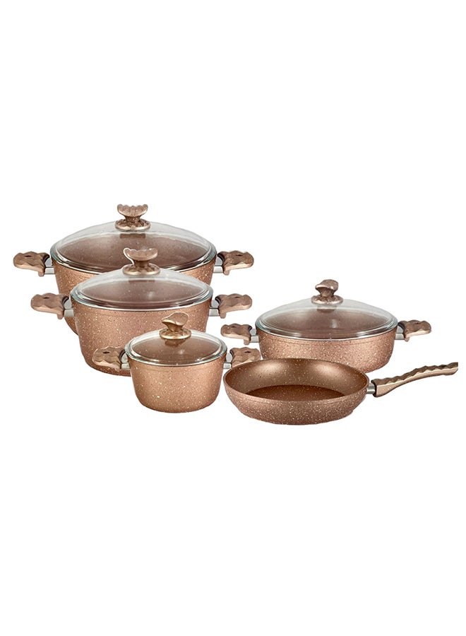 9-Pieces Galaxy Granitec Big Size Cookware Set Non-Stick Surface Bakelite Handles And Knobs -PFOA Free Includes 3xDeep Pot With Tempered Glass Lid 20cm + 24cm + 30cm , 1xLow Pot With Tempered Glass Lid 28x7 cm, 1xFry Pan 28x5.5cm Rose Gold 20 + 24 + 30 cm Deep Pot / 28 cm low pot / 28 cm frypancm