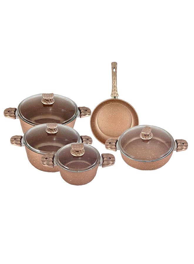 9-Pieces Galaxy Granitec Big Size Cookware Set Non-Stick Surface Bakelite Handles And Knobs -PFOA Free Includes 3xDeep Pot With Tempered Glass Lid 20cm + 24cm + 30cm , 1xLow Pot With Tempered Glass Lid 28x7 cm, 1xFry Pan 28x5.5cm Rose Gold 20 + 24 + 30 cm Deep Pot / 28 cm low pot / 28 cm frypancm