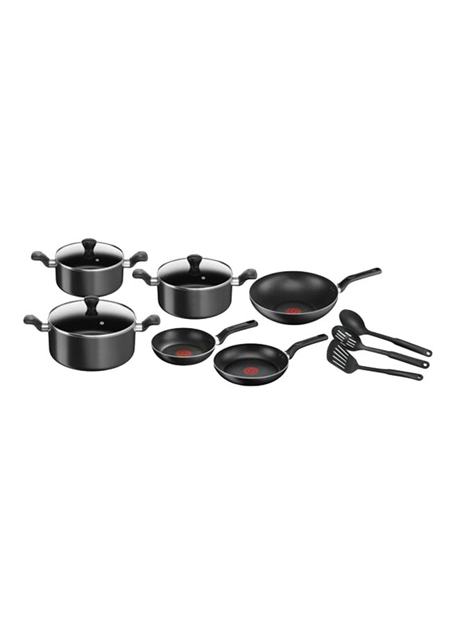 12-Piece Non Stick Aluminium Dishwasher Safe & Durable Premium Quality Cookware Set Includes 2 Fry Pans 22/24cm, Wok Pan 28cm, 3 Stew Pots With lids 22/24/28cm, Spatula, Spoon And Slotted Spoon Black 24cm