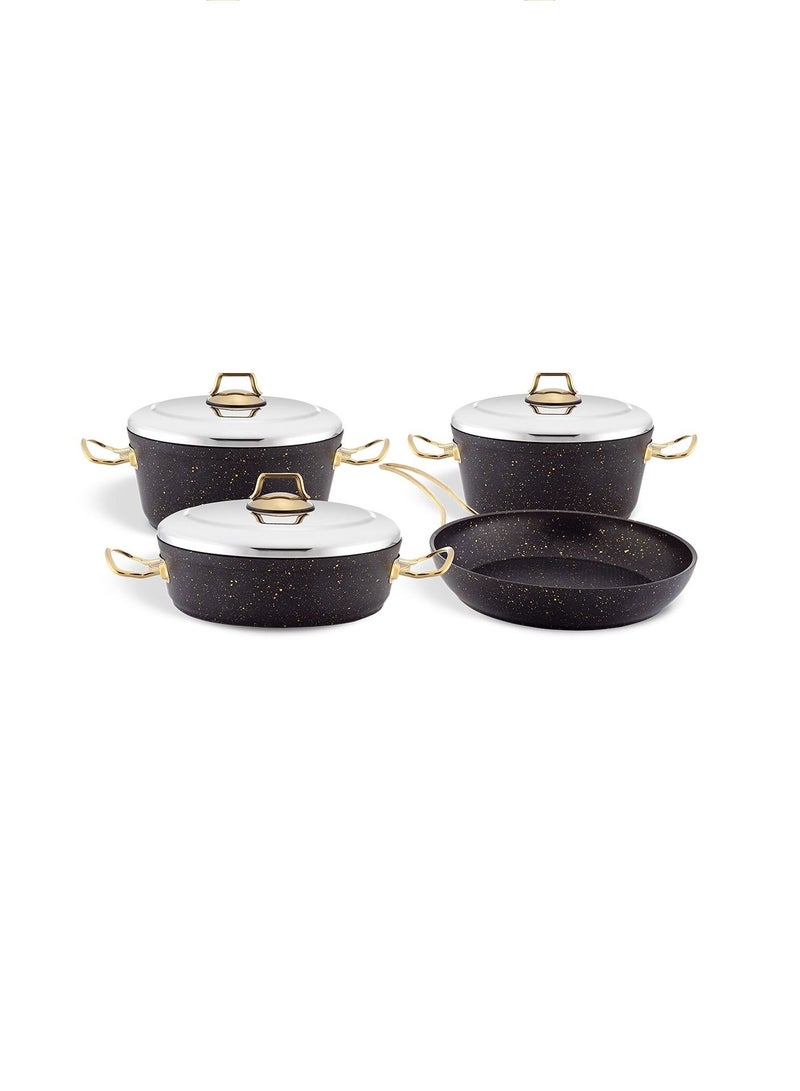 7-Piece Granitec Cookware Set - Stainless Steel Lids - 2 Deep Pots - 1 Low Pot - 1 Frypan - Non-Stick Surface - PFOA Free - Black & Gold
