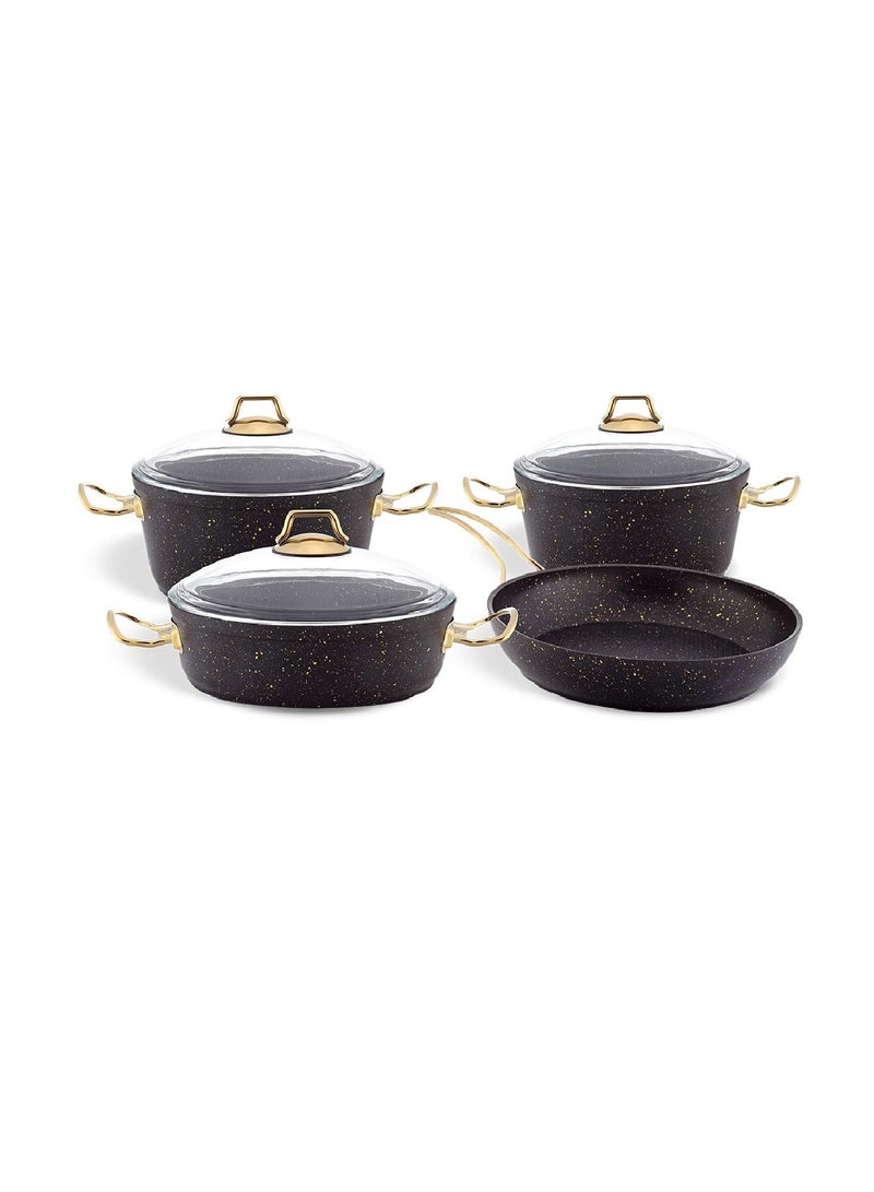 7-Piece Granitec Cookware Set - Tempered Glass Lids - 2 Deep Pots - 1 Low Pot - 1 Frypan - Non-Stick Surface - PFOA Free - Black & Gold