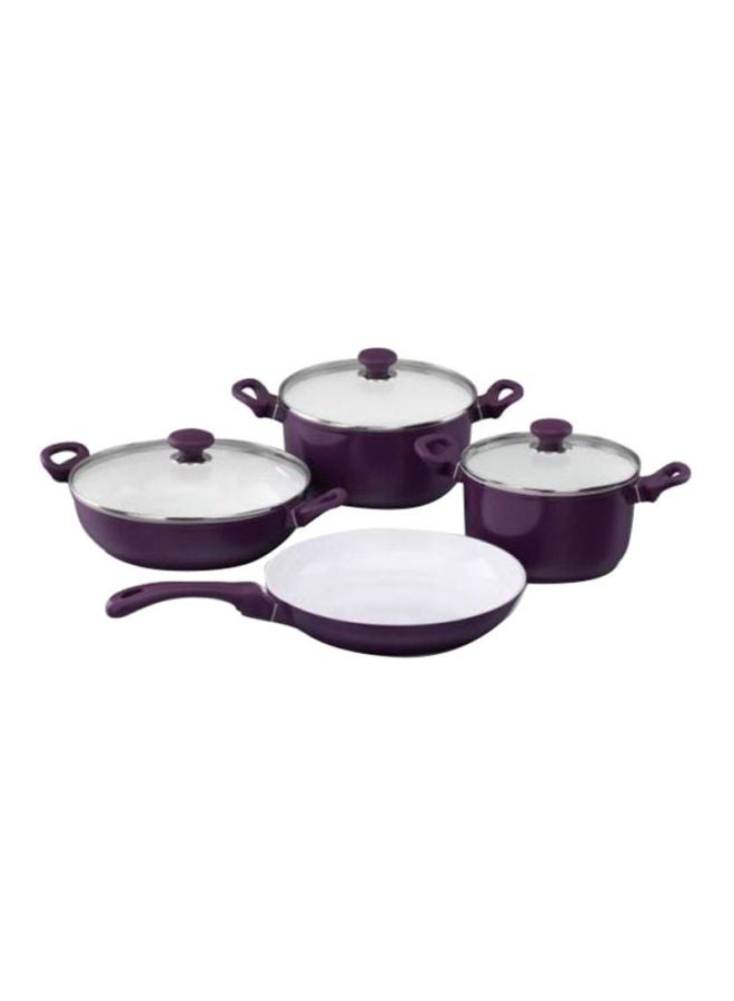 7-Piece Seravita Cookware Set Purple/White 3x Casserole (3.5, 4, 5), 1x Frypan - 3, 1x Low Casserole - 4Liters