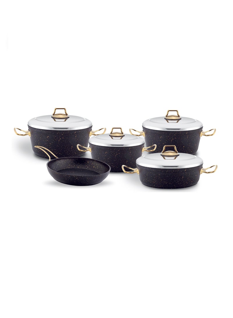 9-Piece Granitec Cookware Set - Stainless Steel Lids - 3 Deep Pots - 1 Low Pot - 1  Frypan - Non-Stick Surface - PFOA Free - Black & Gold