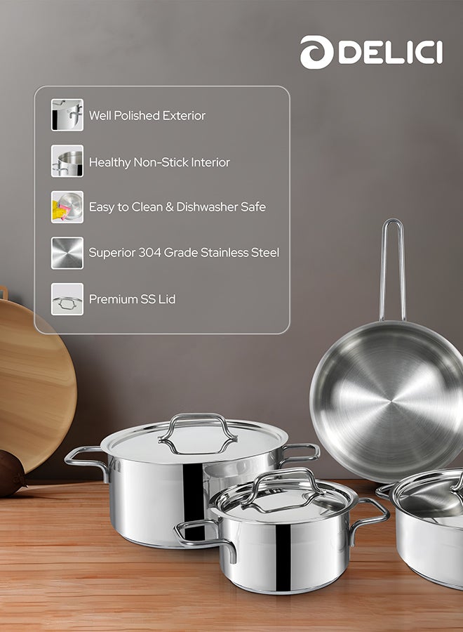 9-Piece Non Stick Stainless Steel Cookware Set (DSK 9W), Oven Safe, Dishwasher Safe, 304 Grade, Includes Lids, 24cm Deep Sauce Pan, 24cm Sauce Pan, 20cm Sauce Pan, 16cm Sauce Pan Silver