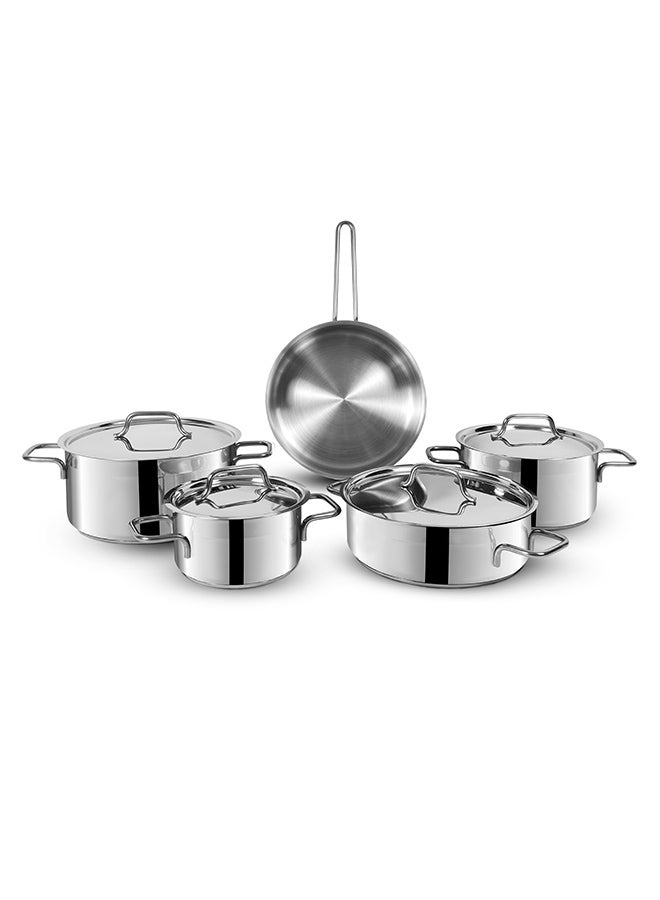 9-Piece Non Stick Stainless Steel Cookware Set (DSK 9W), Oven Safe, Dishwasher Safe, 304 Grade, Includes Lids, 24cm Deep Sauce Pan, 24cm Sauce Pan, 20cm Sauce Pan, 16cm Sauce Pan Silver