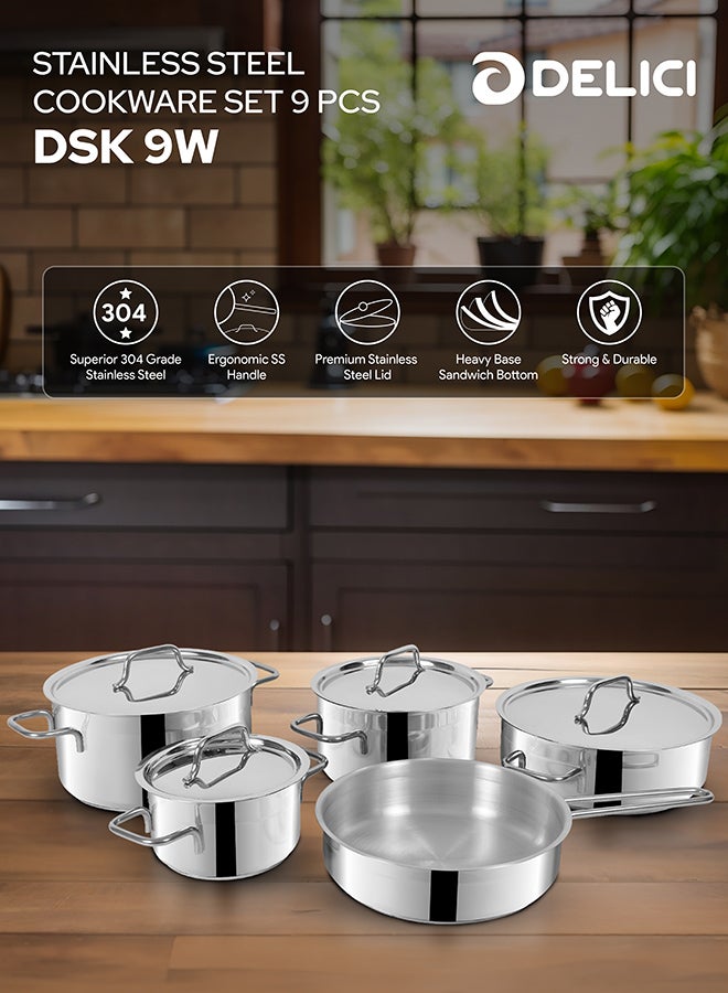 9-Piece Non Stick Stainless Steel Cookware Set (DSK 9W), Oven Safe, Dishwasher Safe, 304 Grade, Includes Lids, 24cm Deep Sauce Pan, 24cm Sauce Pan, 20cm Sauce Pan, 16cm Sauce Pan Silver