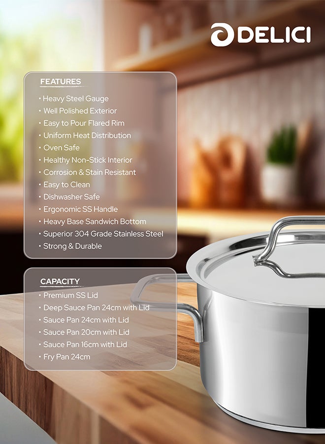 9-Piece Non Stick Stainless Steel Cookware Set (DSK 9W), Oven Safe, Dishwasher Safe, 304 Grade, Includes Lids, 24cm Deep Sauce Pan, 24cm Sauce Pan, 20cm Sauce Pan, 16cm Sauce Pan Silver