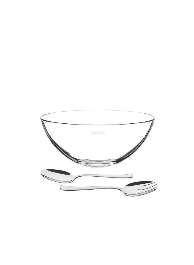 Since 1911,Made in Brazil- Lapidar 25cm 2.9L Crystal Salad Set with Stainless Steel Salad Servers