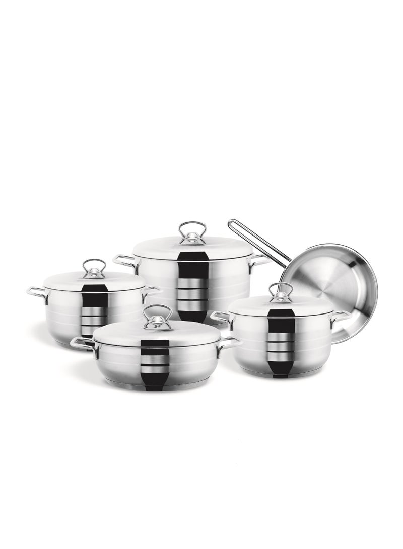 9-Piece Pera Stainless Steel Cookware Set - 3 Deep Pots - 1  Low Pot - 4 Stainless Steel Lids - 1 Frypan - High Grade 18/10 Cr/Ni Material