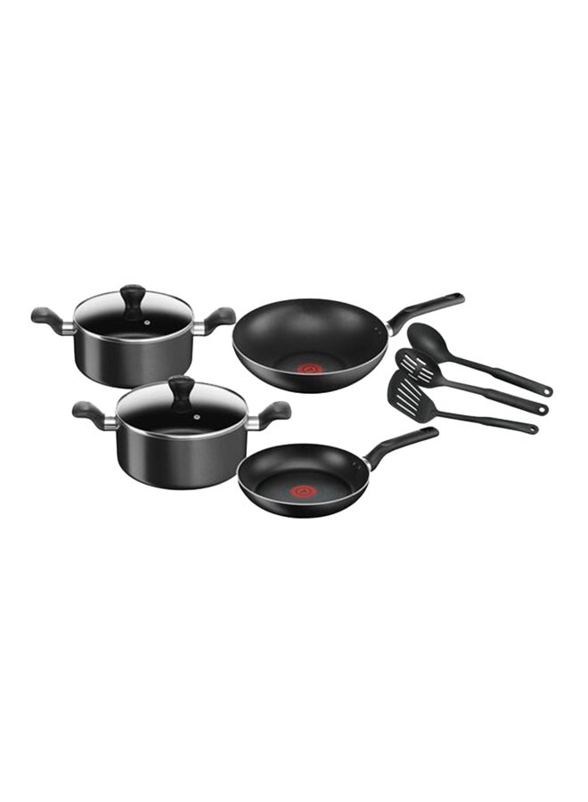 TEFAL Cookware Set of 9 PCs |Super Cook| frypan 24 cm/wokpan 28 cm/stewpots 22/24 cm/spoon/slotted spoon/slotted spatula | Aluminium Non-Stick with Thermo Signal | Black | 2 Years Warranty | B459S984 Black 24,28,22,24cm