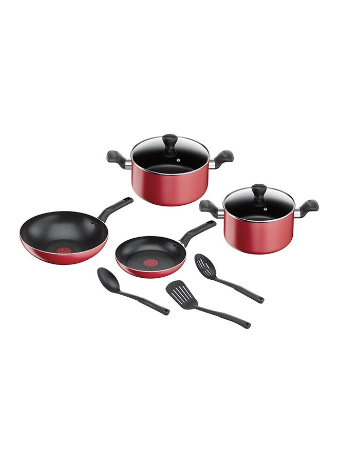 9-Piece Non-Stick Lightweight Durable And Premium Quality Cookware Set Includes 2 x Pots (22cm,24cm), 2 x Lids, 2 x Fry Pan (24cm,28cm) 1 x Wok Pan Spatula, 1 x Spoon, 1 x Slotted Spoon Red/Black 24cm