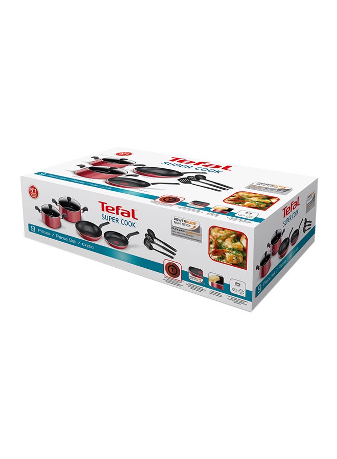 TEFAL Cookware Set of 9 PCs |Super Cook| Frypan 24 cm/Wokpan 28 cm/Stewpots 22/24 cm+lids/Spoon/Slotted Spoon/Slotted Spatula| Aluminium Non-Stick with Thermo Signal| Red | 2 Years Warranty B460S984 Red 22,24,28,24,28cm