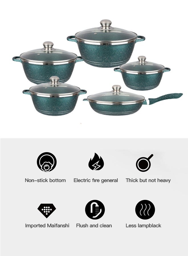 Non Stick Cookware Sets -10-Piece Stock Pots, Fry Pans, Wok With Glass Lids, Pots and Pans Set Includes 16/18/20/22/24cm Stock Pots, Cooking Set Suitable for Induction cooker, gas cooker （Green）