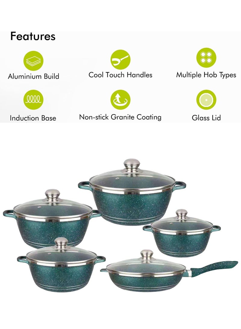 Non Stick Cookware Sets -10-Piece Stock Pots, Fry Pans, Wok With Glass Lids, Pots and Pans Set Includes 16/18/20/22/24cm Stock Pots, Cooking Set Suitable for Induction cooker, gas cooker （Green）